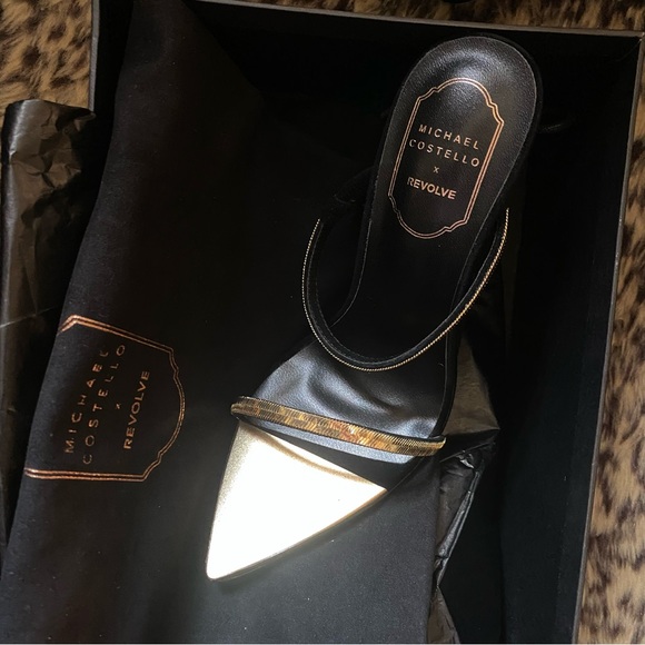 Michael Costello x REVOLVE Gwenn Sandal in Black gold high heels shoes suede 7 - Picture 12 of 16